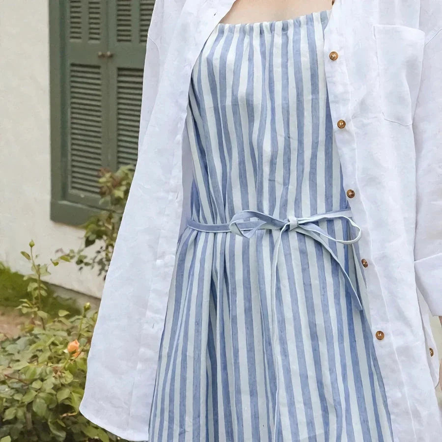 Chic striped cotton linen maxi dress with a flattering A-line silhouette and natural waistline