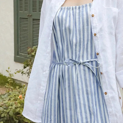 Chic striped cotton linen maxi dress with a flattering A-line silhouette and natural waistline