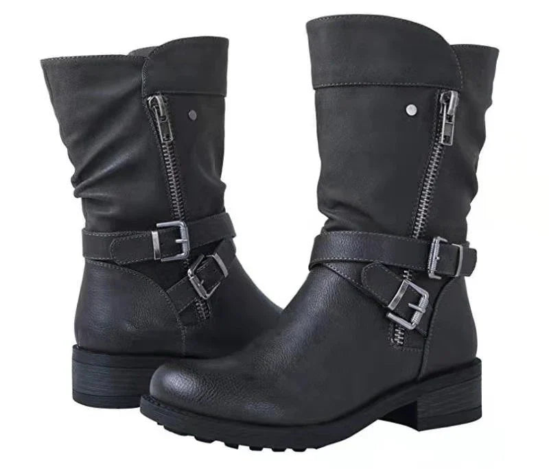 Stylish and comfortable women's martin boots with low heel, featuring a sleek belt buckle accent and durable rubber sole
