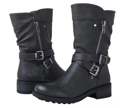 Stylish and comfortable women's martin boots with low heel, featuring a sleek belt buckle accent and durable rubber sole