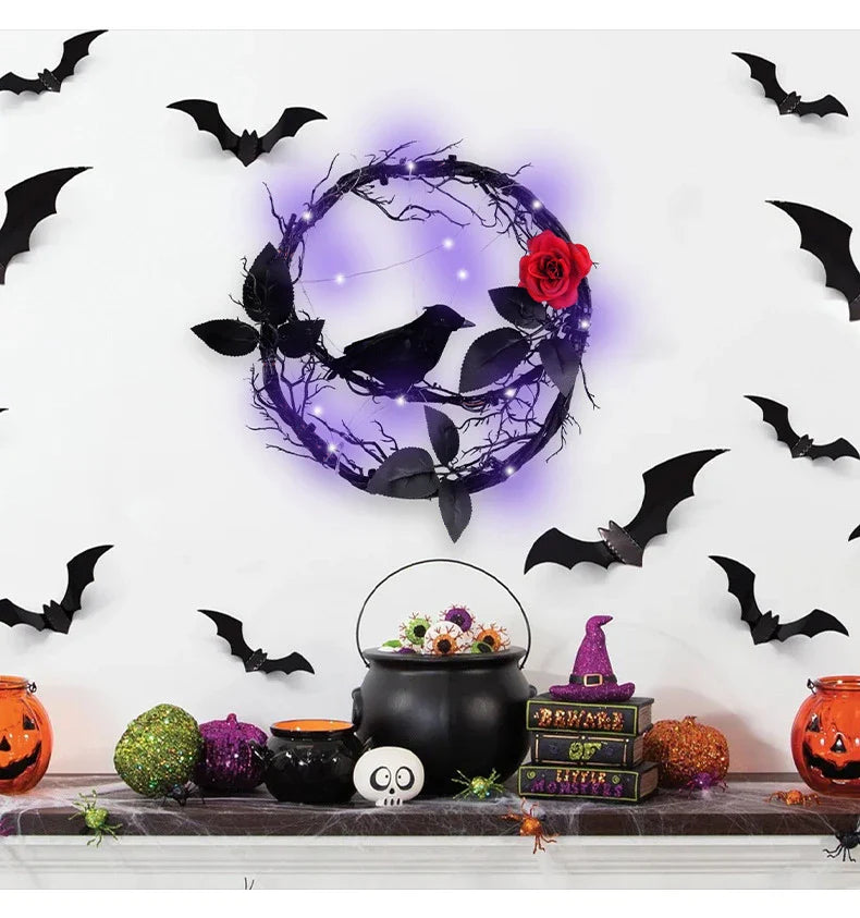 Glowing Dead Wood Black Crow Halloween Garland Decoration with Eerie Lighting Effect