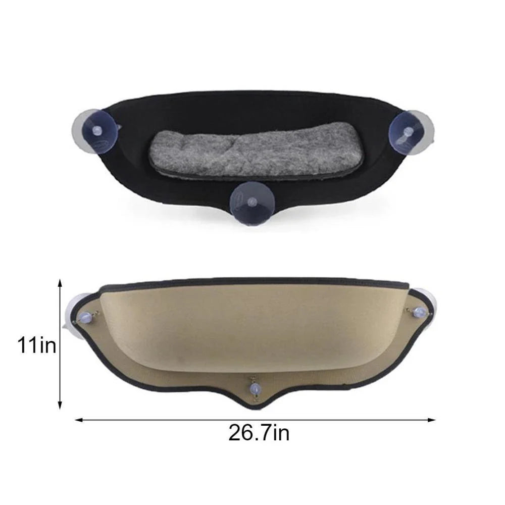 Cozy beige felt cat window hammock bed with plush mat, attached to window with suction cups