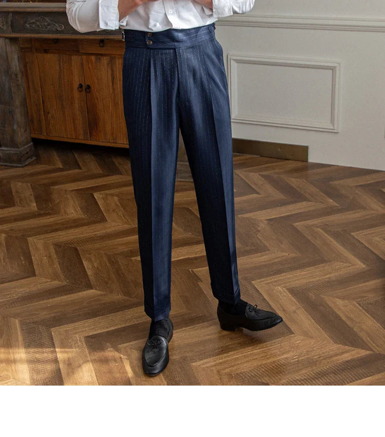 Men's premium Italian straight leg pants with gold and silver striped pattern, high-waisted design, and durable construction