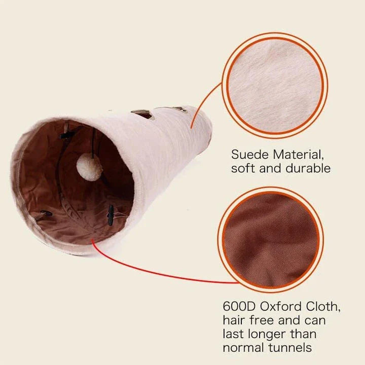 Cozy Hideaway Foldable Long Tunnel with Ball Toy for Playful Cats in Brown Color