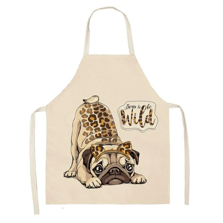 Charming pug-themed apron with a vibrant print, made of durable cotton and linen materials for practical kitchen use.