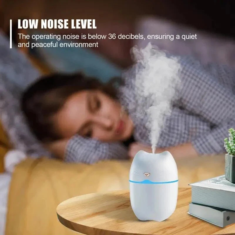 Compact and ultra-quiet car humidifier with large 260ml water tank, efficient mist output, and aromatherapy function for a serene driving experience