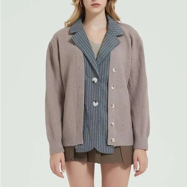 Autumn Elegance Patchwork Knit Cardigan in Khaki color, with a classic turn-down collar and double-breasted closure