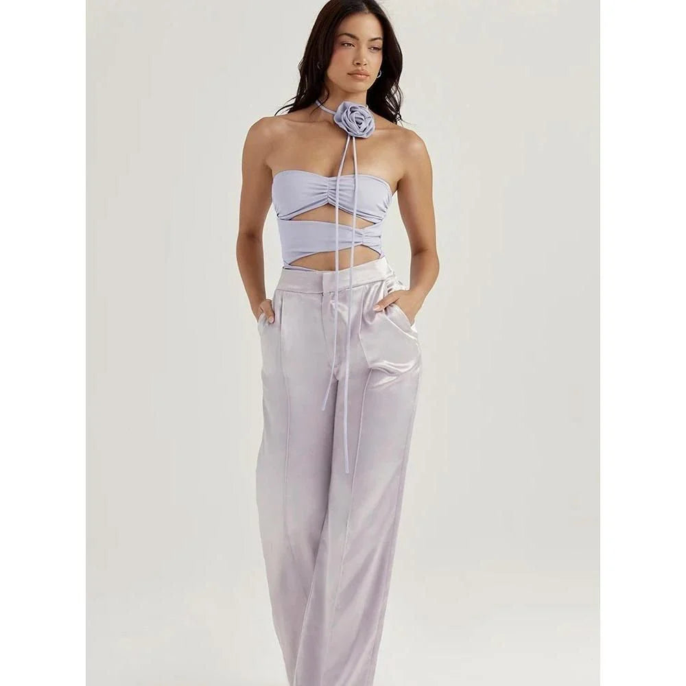 Purple off-shoulder ruched bodysuit with a unique hollow-out design and necklace accent, offering a captivating look and comfortable fit.