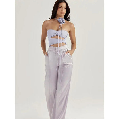 Purple off-shoulder ruched bodysuit with a unique hollow-out design and necklace accent, offering a captivating look and comfortable fit.