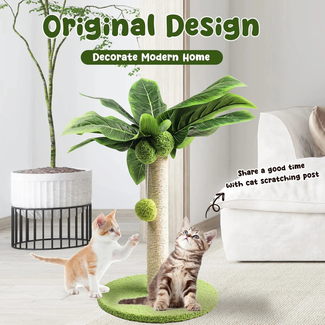 A natural-inspired cat scratching post with green leaves and interactive toys, providing a safe and engaging scratching surface for your feline companion.