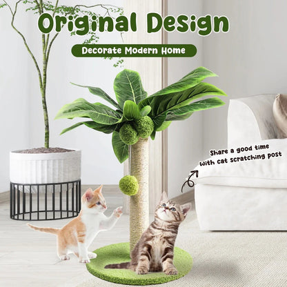 A natural-inspired cat scratching post with green leaves and interactive toys, providing a safe and engaging scratching surface for your feline companion.