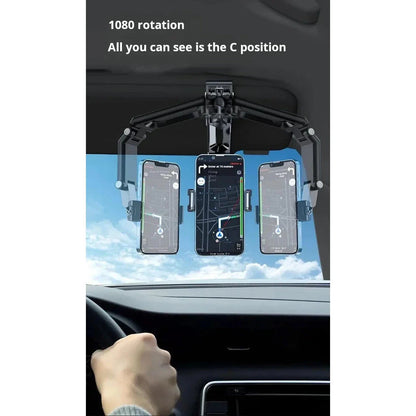 360-degree adjustable rearview mirror car phone mount with universal fit for smartphones