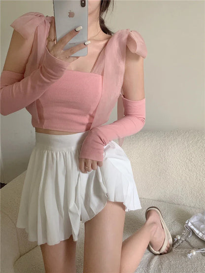 Chic knitted white tank top with bow accent, one size fits all, premium polyester fabric