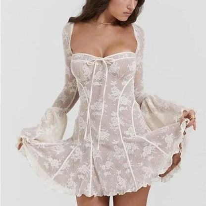 Elegant black mini dress with square neckline, backless design, and flare sleeves