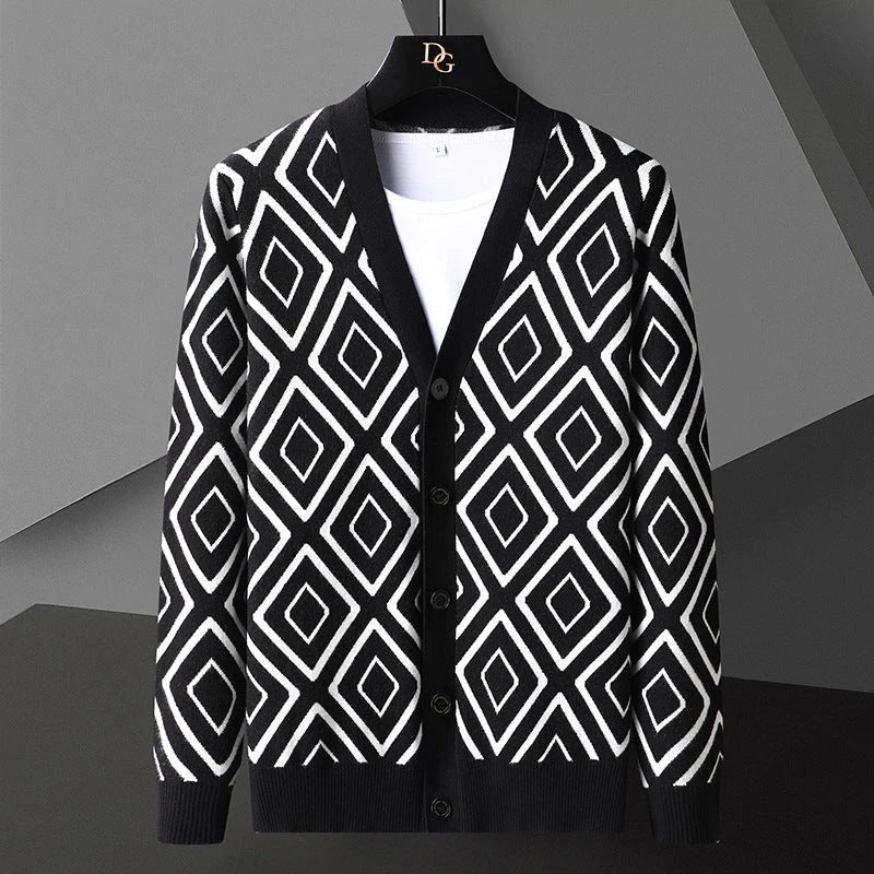 Premium knitted cardigan sweater for men in various classic color options, featuring a soft, comfortable blend of materials and a modern, tailored fit.