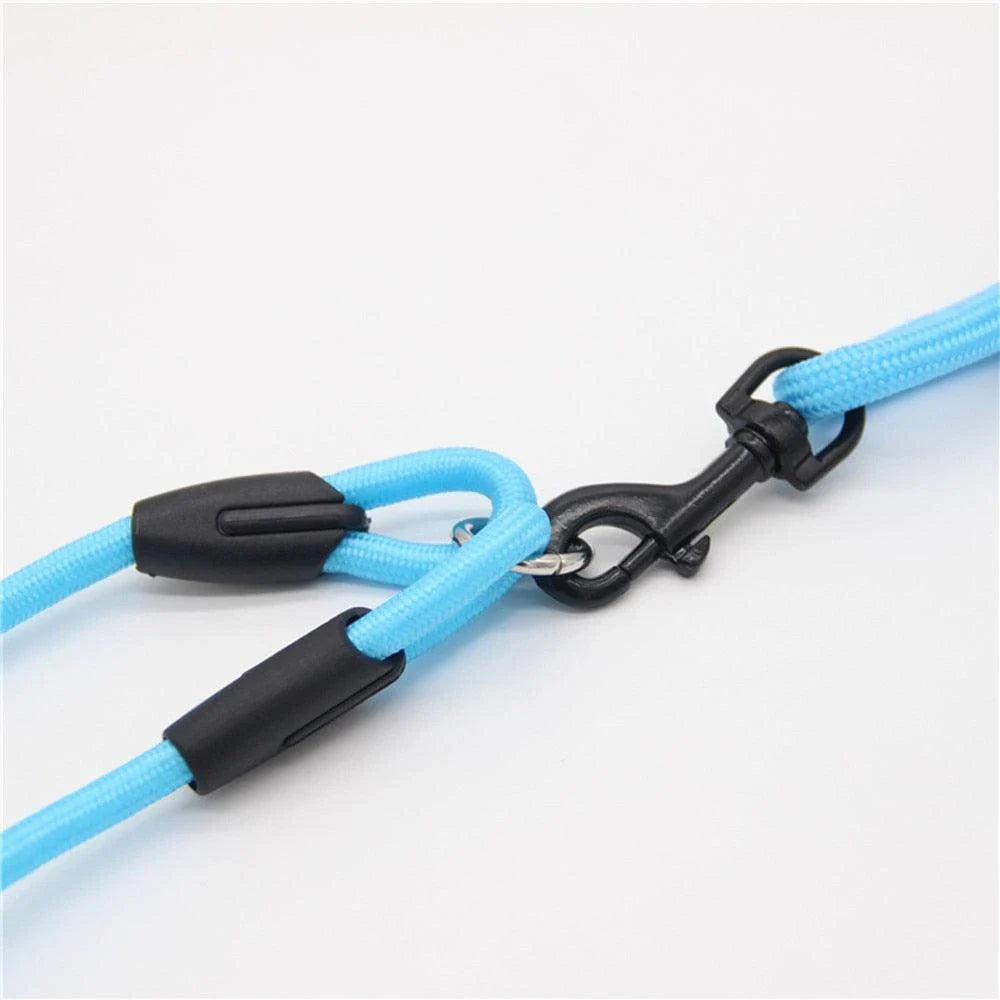 Durable nylon dog training rope with adjustable length and width options in blue, black, red, and orange colors