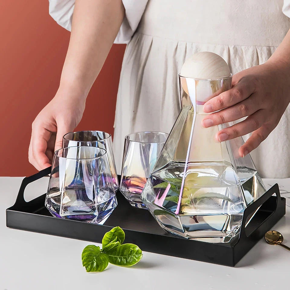 Elegant glass carafe set with ashwood lid, perfect for serving a variety of beverages and enhancing any table setting
