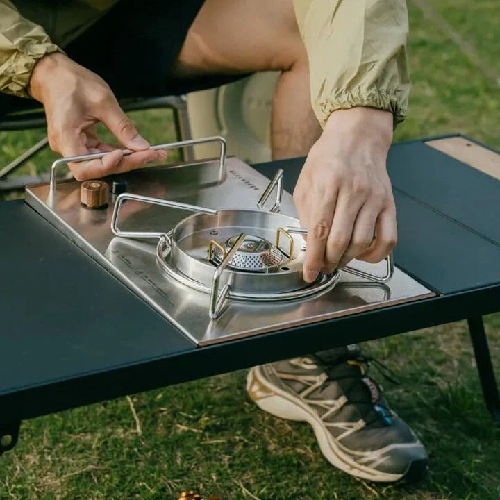 Portable Camping Folding Table with Integrated BBQ Grill made of Aluminum Alloy and Wood, perfect for outdoor adventures and picnics