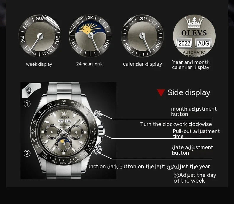Elegant automatic men's watch with stainless steel case and adjustable bracelet, showcasing precise timekeeping and versatile design.