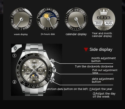 Elegant automatic men's watch with stainless steel case and adjustable bracelet, showcasing precise timekeeping and versatile design.