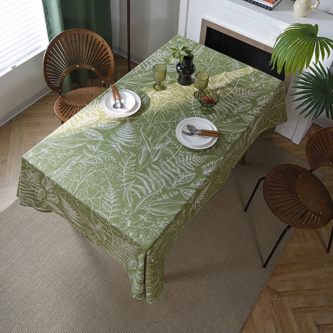 Green Leaf Sketching Dining Table Cloth with a charming jacquard weave and printed leaf pattern
