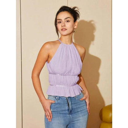 Chic and stylish ruffle hem halter top in Lilac Purple and Baby Blue colors for fashionable women