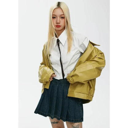 Edgy women's bomber jacket with zippered closure and turn-down collar, perfect for autumn and winter streetwear style