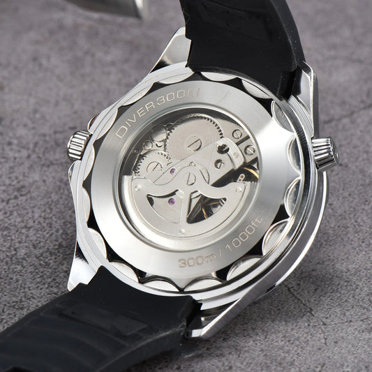 Men's American-Inspired Mechanical Transparent Watch with Stainless Steel Case and Silicone Strap