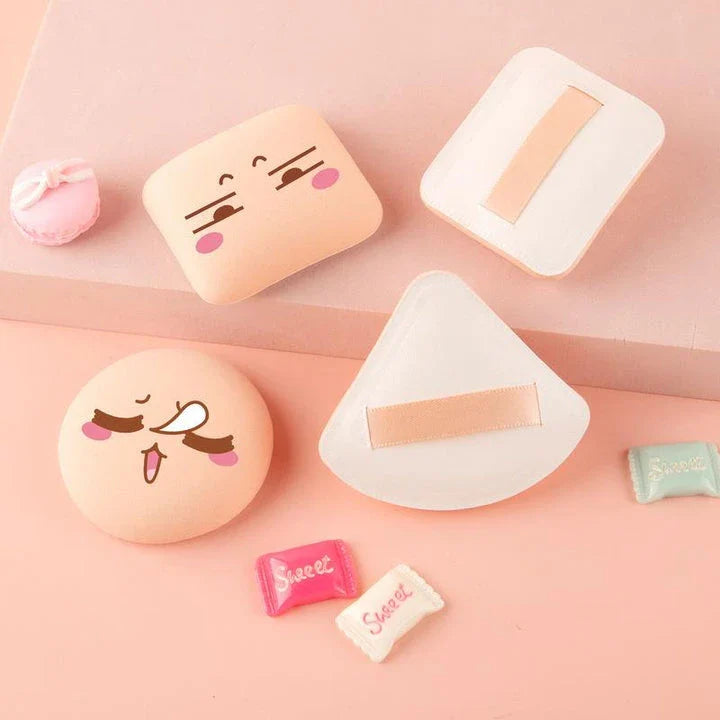 A set of three makeup sponges in round, rectangle, and triangle shapes for precise, flawless makeup application