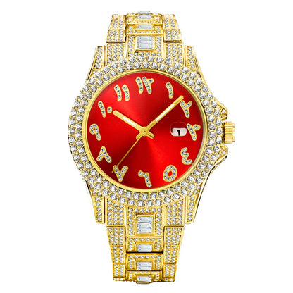 American-designed diamond-encrusted waterproof quartz watch with gold-plated stainless steel construction