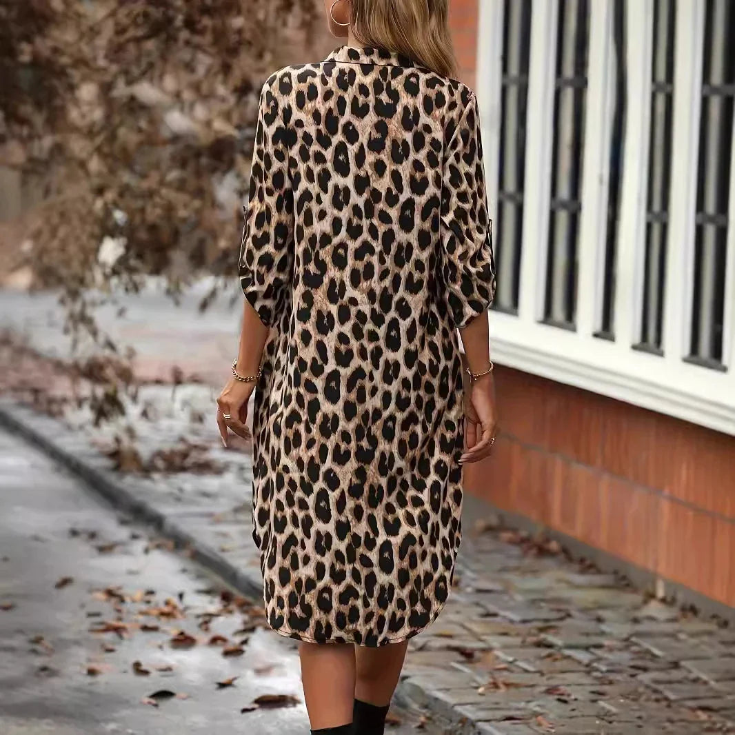 Leopard print beach coverup dress with V-neck, A-line skirt, and loose waistline