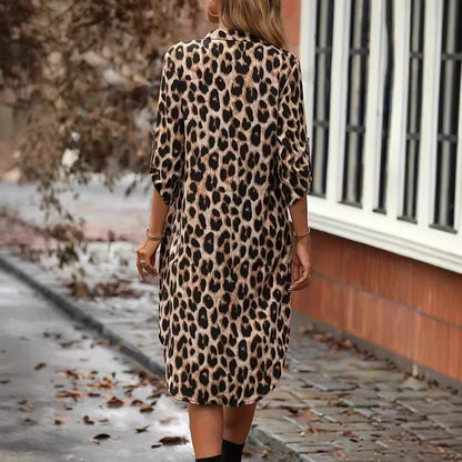 Leopard print beach coverup dress with V-neck, A-line skirt, and loose waistline