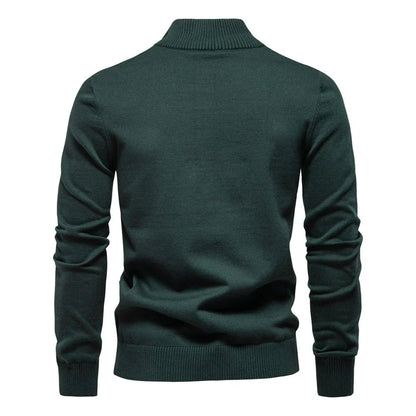 Cozy autumn and winter half-zip sweater in green, dark blue, khaki, and light gray colors