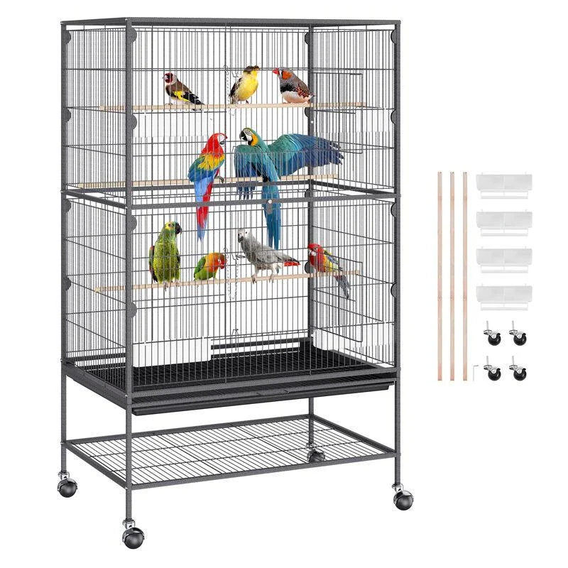A large, spacious bird cage made of premium carbon steel, featuring smooth-rolling wheels and a removable slide-out tray for easy cleaning.