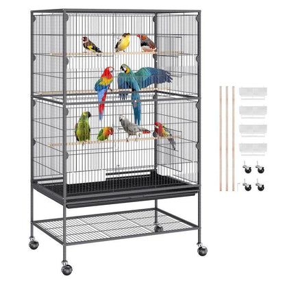 A large, spacious bird cage made of premium carbon steel, featuring smooth-rolling wheels and a removable slide-out tray for easy cleaning.