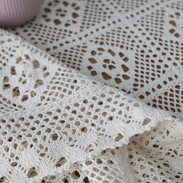 Rectangular cotton lace tablecloth in beige color with elegant lace pattern, available in various sizes for home dining