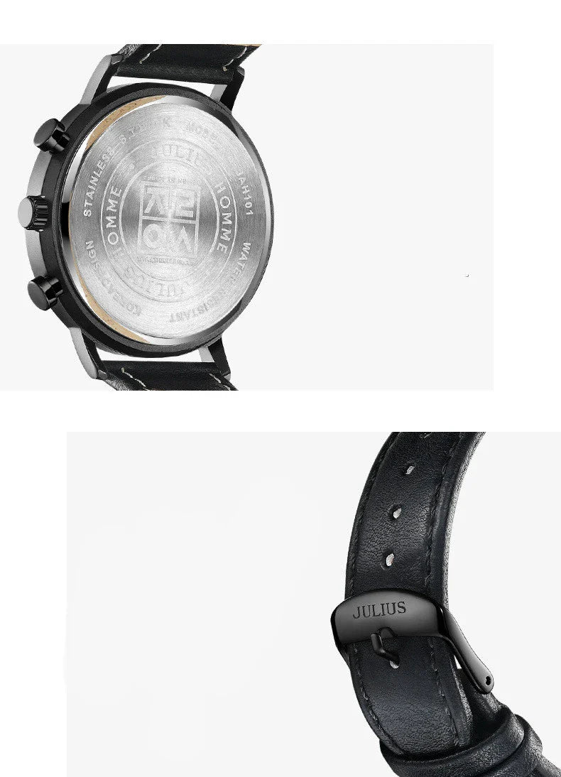 A sophisticated multi-function quartz watch with a sleek design, water-resistant construction, and versatile features.