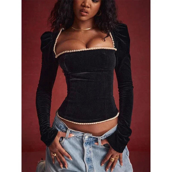 Chic backless square collar sexy t-shirt with shoulder pads, featuring a blend of sophistication and boldness for the modern woman