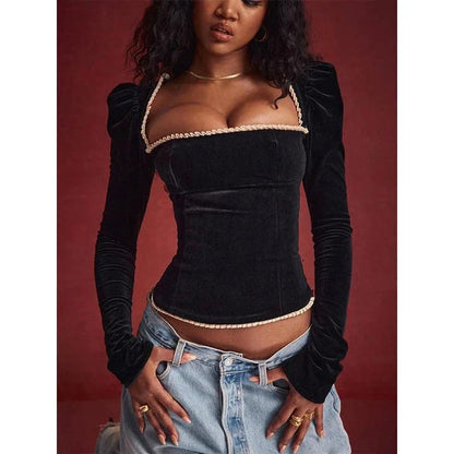 Chic backless square collar sexy t-shirt with shoulder pads, featuring a blend of sophistication and boldness for the modern woman