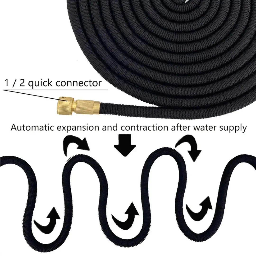 Expandable high-pressure garden hose with adjustable sprinkler head for versatile outdoor watering and cleaning tasks