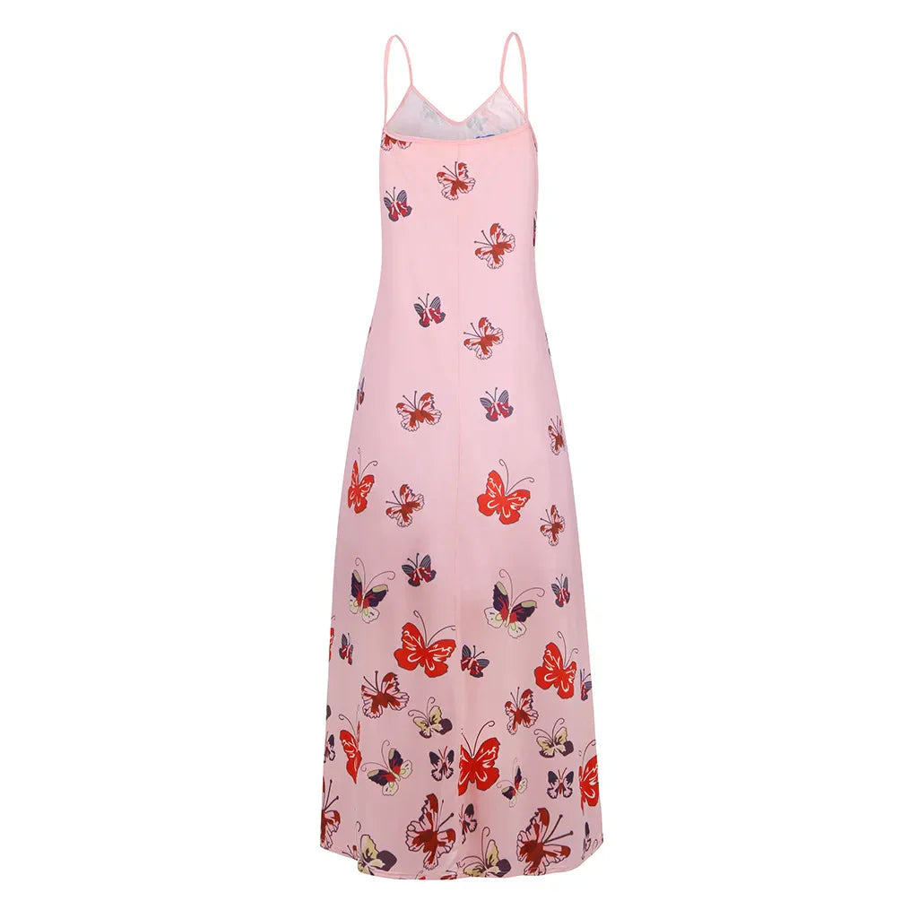 Stylish butterfly print high-waist dress with flowy, swing-style skirt and lightweight, breathable polyester fabric
