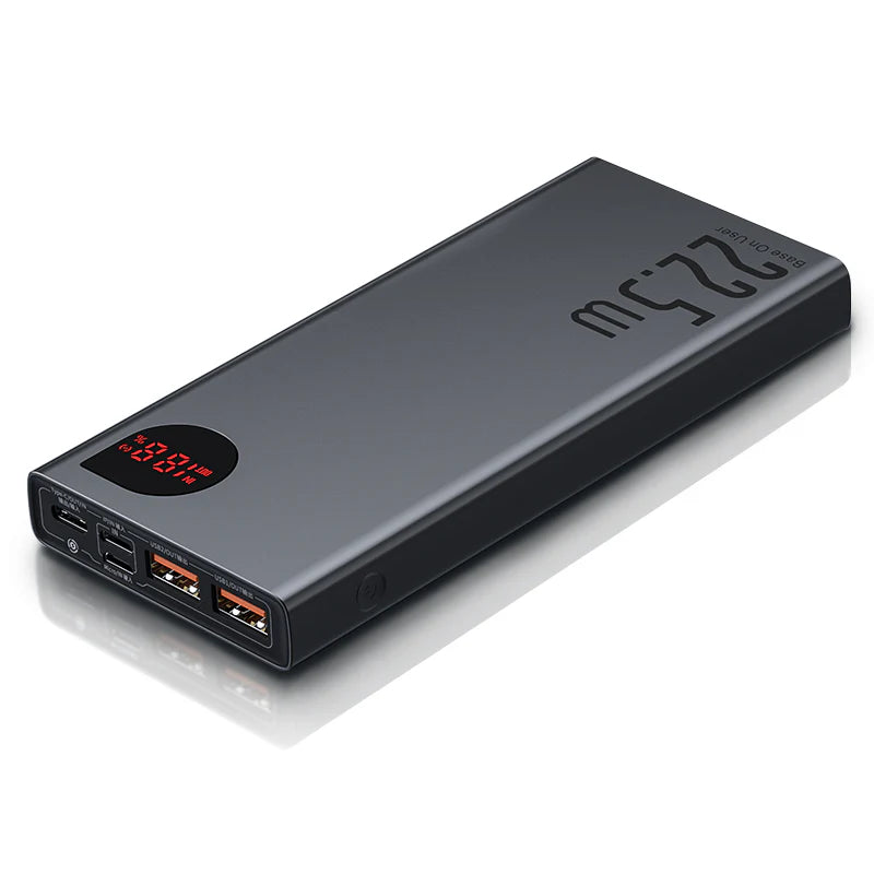 A sleek and durable metal power bank with a 10,000mAh capacity, quick-charging capabilities, and an LED display for easy monitoring.