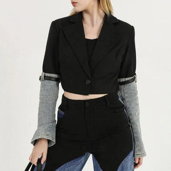 Stylish denim patchwork blazer with a unique design, perfect for autumn fashion