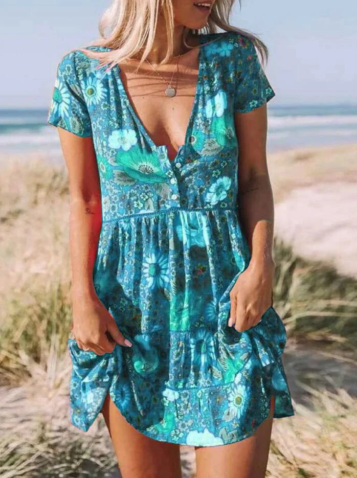 Hhomeenjoy US Stylish Women's Printed V-Neck Dress with Short Sleeves