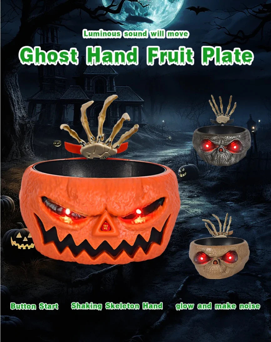Illuminating Halloween pumpkin-shaped fruit plate with lighting and sound effects for festive holiday decor