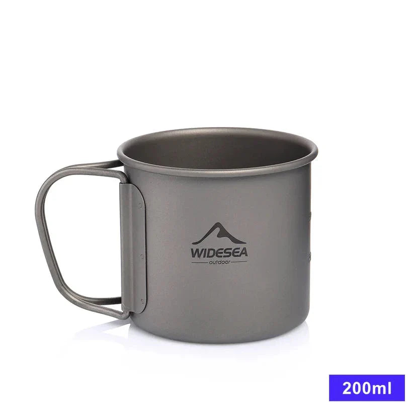 Titanium camping mug with lid, foldable design, available in multiple sizes for outdoor adventures