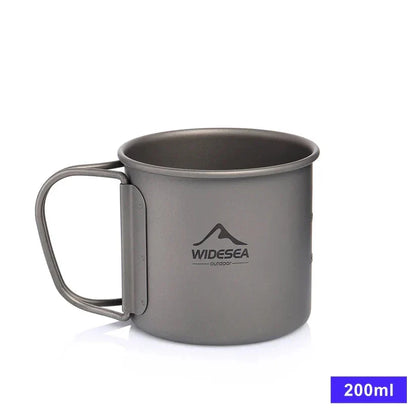 Titanium camping mug with lid, foldable design, available in multiple sizes for outdoor adventures