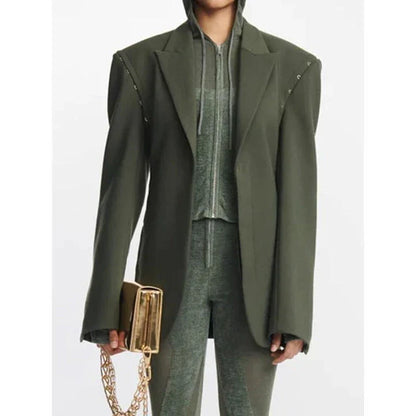 Autumn 2024 women's blazer with notched metal buckle decoration, available in black and green colors