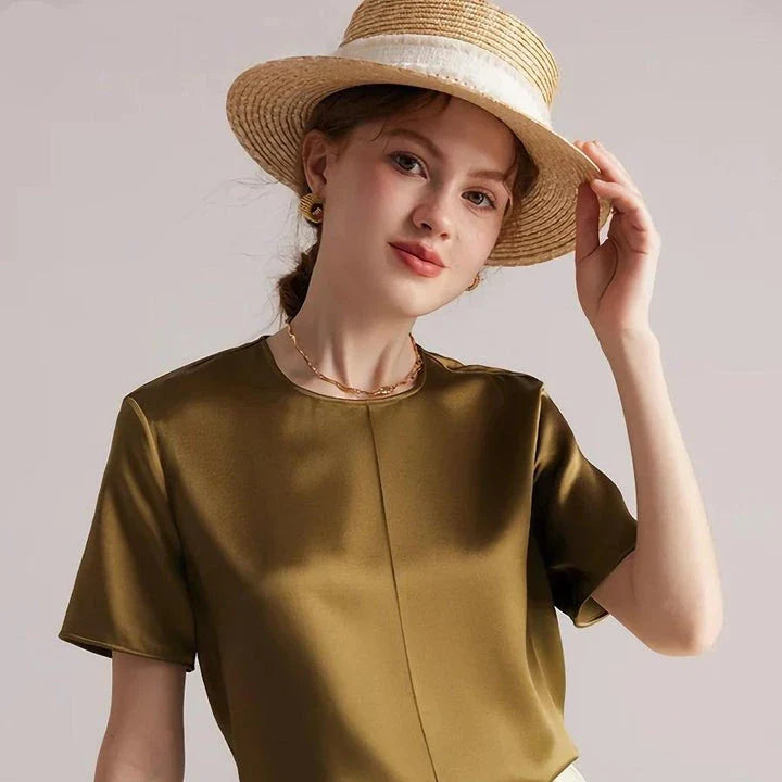 Elegant mulberry silk women's summer tee in olive color with classic O-neck design