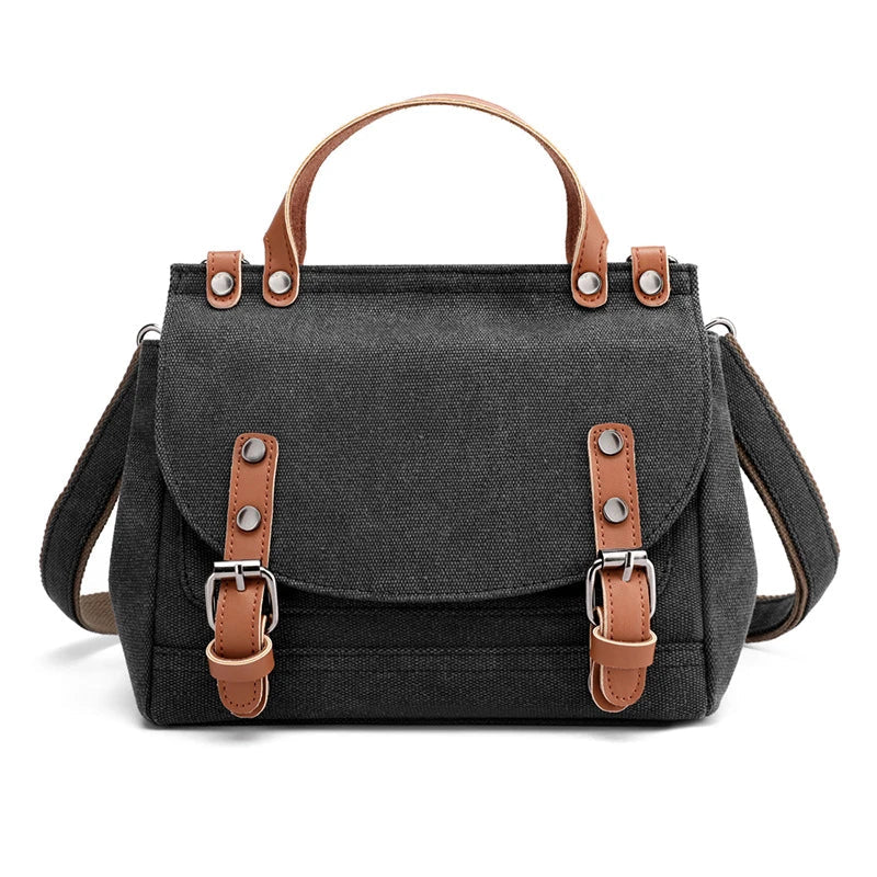 A stylish women's canvas crossbody handbag in an orange color, featuring a small square shape and a horizontal design.